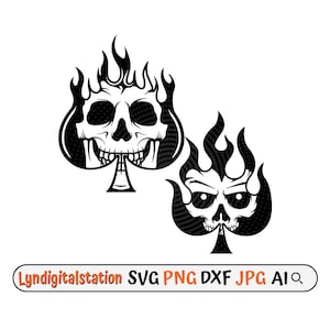Crâne de bêche Svg | SpadeSkull sur le feu Clipart | Flaming Deck of Cards Cut File | Pochoir pique | Conception de T-shirt de carte à jouer | Crâne Dxf | PNG