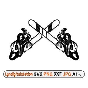 May include: Black and white illustration of two crossed chainsaws.