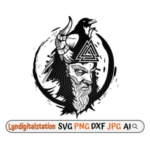 May include: Black and white illustration of a Viking warrior with a horned helmet, a raven, and a triple triangle symbol. The warrior has a beard and a fierce expression.