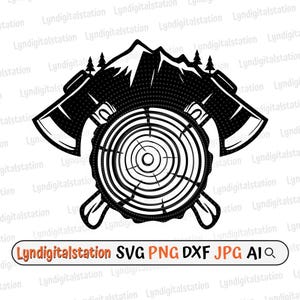 Lumberjack Axe Svg | Logging Clipart | Mountain Scene Cut File | Axe Stencil | Lumber Wood Tshirt Design | Logger Dxf | Log Png
