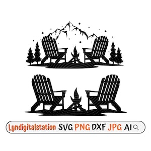 Może przedstawiać: Czarno-biały projekt sylwetki dwóch krzeseł zwróconych do siebie wokół ogniska z górami w tle. Projekt idealnie nadaje się do projektu o tematyce kempingowej lub na świeżym powietrzu.