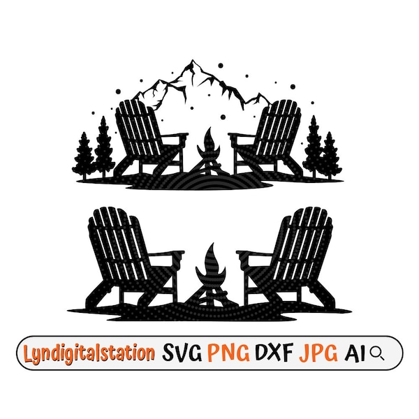 Chaises Adirondack Svg | Clipart de chaises Adirondack de camping | Fichier de coupe de scène de montagne | Pochoir de feu de camp | Conception de t-shirts Camp Life | Dxf | PNG