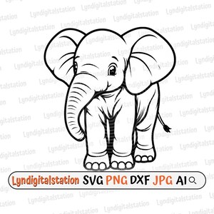 May include: A black and white line drawing of an elephant with large ears and a trunk. The elephant is standing and facing forward. Text at the bottom reads "Lyndigitalstation SVG PNG DXF JPG AI".
