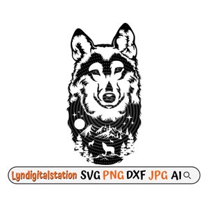 Wolf Svg | Wolf Clipart | Wolf Scene Cut File | Wolf Mountain Stencil | Howling Wolf T-shirt Design | Mountain Wolf Dxf | Moon Wolf Png