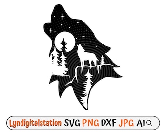 Howling Wolf Svg | Midnight Wolf Clipart | Wolf Cut File | Moon Wolf Stencil | Wolf T-shirt Design | Wild Life Dxf | Howling Animal Png