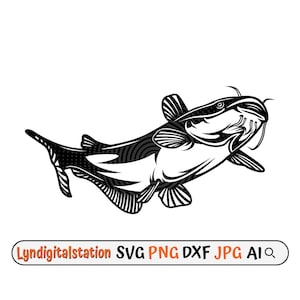 Può includere: Illustrazione in bianco e nero di un pesce gatto con un corpo dettagliato e con motivi. Il pesce gatto sta nuotando a bocca aperta.