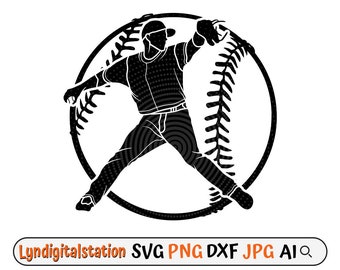 May include: Black and white silhouette of a baseball player pitching with a baseball behind him.
