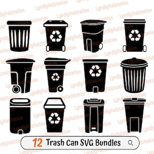Trash Bin Bundles Svg | Trash Can Clipart | Recycle Bin Cut File | Recycling Stencil | Garbage Can Tshirt Design | Trash Container Dxf | Png