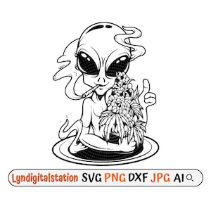 Op de afbeelding: Zwart-witte lijntekening van een alien die een sigaret rookt en een grote marihuanaplant vasthoudt. De alien heeft een ontspannen uitdrukking en geeft een duim omhoog.