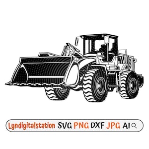Könnte beinhalten: Schwarzweiß-Illustration eines Radladers, einer Art von schwerem Gerät, das für Bauarbeiten und Materialumschlag verwendet wird. Der Lader hat einen großen Schaufel und vier Räder.
