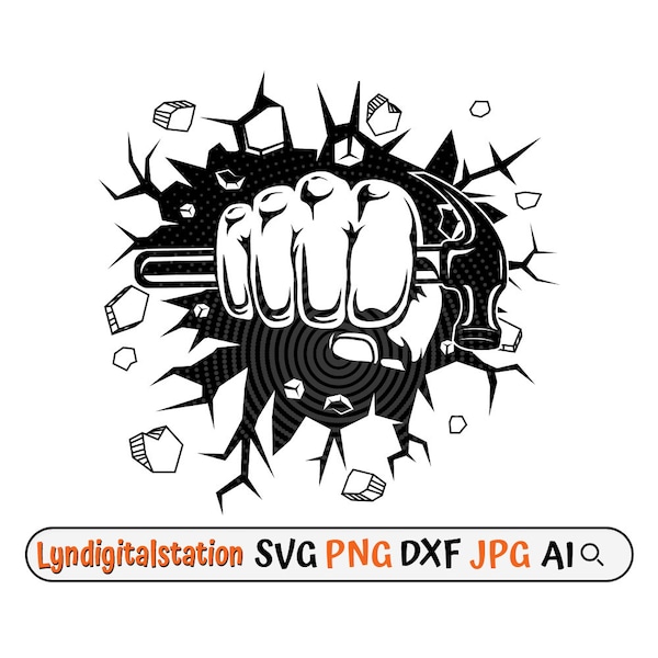 Carpenter Tool Svg | Hammer Punch Smash Clipart | Smashing Wall Cut File | Carpenter Stencil | Builders Hand Fist T-shirt Design | Dxf | Png