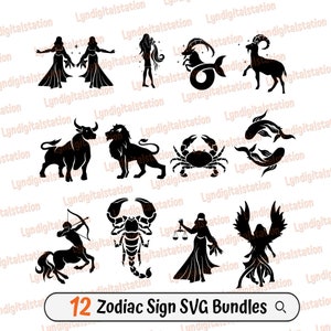 Zestawy znaków zodiaku Svg | Clipart astrologiczny | Plik do cięcia znaku astrologicznego | Szablon gwiazdy niebieskiej | Projekt koszulki ze znakami urodzeniowymi | Dxf | Png