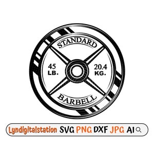 Puede incluir: Ilustración en blanco y negro de una placa de peso de barra estándar. La placa está etiquetada como "STANDARD BARBELL" y muestra el peso en libras (45 LB) y kilogramos (20,4 KG).