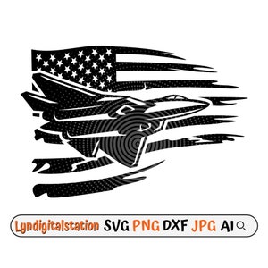Puede incluir: Una ilustración en blanco y negro de un avión de combate volando sobre una bandera estadounidense deteriorada. La bandera está desgarrada y rota, con un efecto grunge. El avión está en vuelo, con las alas extendidas.