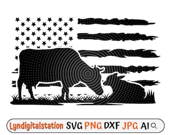 USA Cow Svg | Calf Clipart | Cattle Cut File | Domestic Animal Stencil | Mother Cow T-shirt Design | US Flag Dxf | USA Farm Animal Png