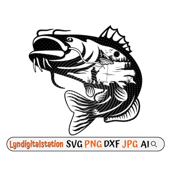 Catfish outdoor fishing scene svg, cat fish clipart, angler dad t-shirt  design png, big catch cut file, small angling tournament stencil dxf