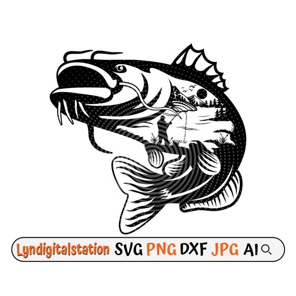 Catfish outdoor fishing scene svg, cat fish clipart, angler dad t-shirt design png, big catch cut file, small angling tournament stencil dxf
