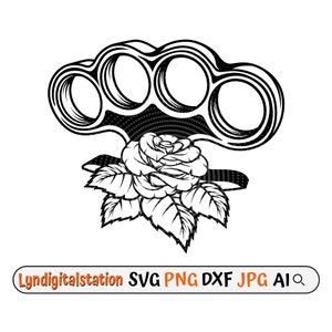 May include: Black and white illustration of a rose with a brass knuckle on top. The rose has a detailed design with many petals and leaves.