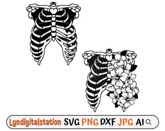 Rib Cage Svg | Floral Ribcage Clipart | Skeleton Rib Cut File | Thoracic Cage Stencil | Medical Personnel T-shirt Design | Dxf | Png