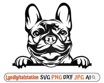 Op de afbeelding: Zwart-witte illustratie van een Franse bulldog die met zijn poten op de rand over een oppervlak kijkt. De hond heeft een vrolijke uitdrukking en zijn oren staan ​​recht.