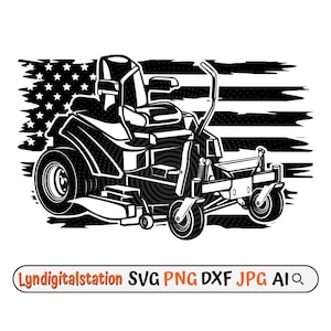 May include: Black and white illustration of a ride-on lawnmower with an American flag background. The lawnmower has a seat, steering wheel, and a cutting deck. The flag is distressed and has a grunge effect.
