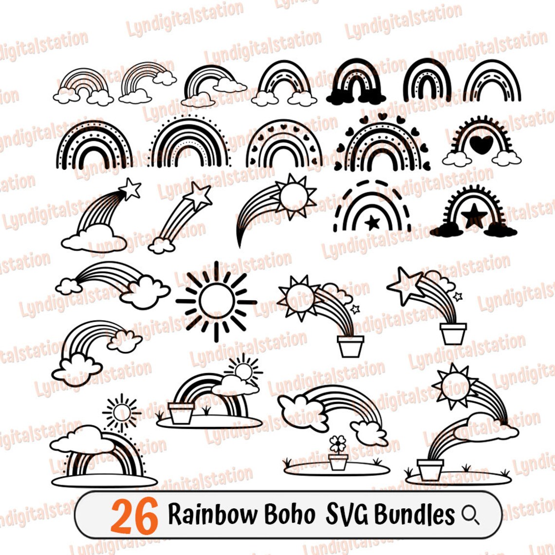 26 Rainbow Boho Bundles Svg | Rainbow Clipart | Clouds Cut File | Stars ...