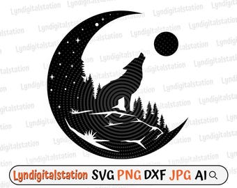 Howling Wolf Svg | Midnight Wolf Clipart | Wolf Cut File | Moon Wolf Stencil | Wolf T-shirt Design | Wild Life Dxf | Howling Animal Png