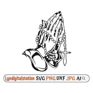 Praying Hands Svg | Hand with Rosary Clipart | Rosary Beads Cut File | Holy Rosary Stencil | Prayer Warrior Hands T-shirt Design | Dxf | Png