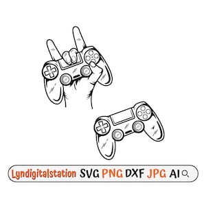 May include: Black and white line art illustration of a hand holding a video game controller with the index finger pointing up. Below the hand is a second video game controller.