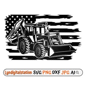 May include: Black and white silhouette of a front loader excavator with a scoop, set against a distressed American flag background.
