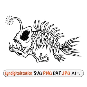Angler Skeleton Svg | Skeleton Fish Clipart | Dead Piranha Cut File | Fish Bone Stencil | Sea Creature T-shirt Design | Bone Fish Dxf | Png
