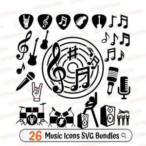 26 Music Icon Bundles Svg | Rock n Roll Clipart | Musical Notes Cut File | Music Stencil | Musical Instrument T-shirt Design | Dxf | Png