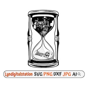 May include: Black and white illustration of an hourglass with a cowboy riding a horse in the top half and a skeleton in the bottom half.
