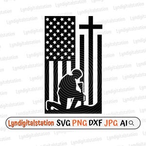 US Soldier Kneeling Svg | Praying Clipart | Soldier in Front of the Cross Cut File | Cross Stencil | Veterans Day T-hirt Design | Dxf | Png