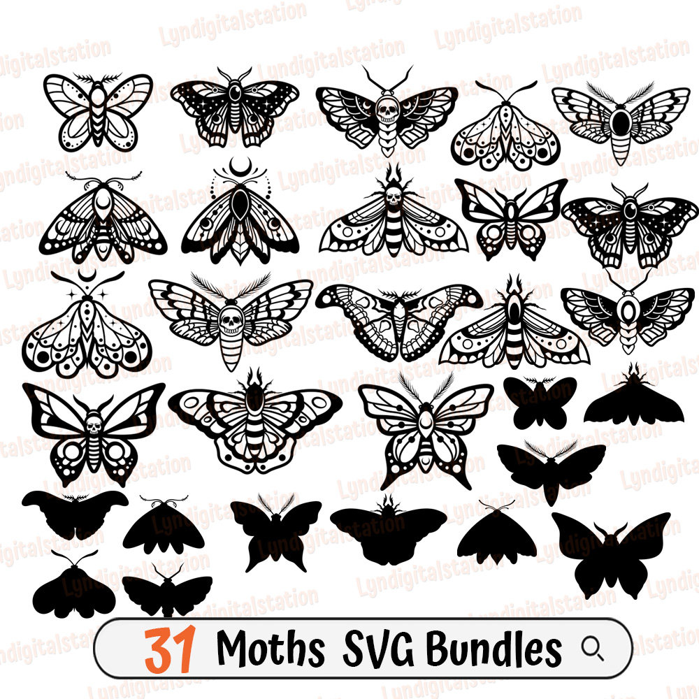 31 Moths Bundles Svg | Moth with Skeleton Wings Clipart | Flying Insect Cut File | Silhouette Moth Stencil | Moth T-shirt Design | Dxf | Png
