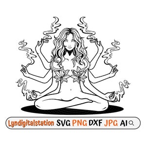 Könnte beinhalten: Schwarz-weiß-Linienzeichnung einer Frau mit mehreren Armen, die im Lotussitz sitzt. Jede Hand hält einen brennenden Joint, aus dem Rauch aufsteigt. Die Frau trägt einen Blätter-BH und hat langes, fließendes Haar.