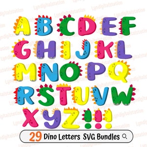 29 paquetes de letras Dino Svg / Alphabet Clipart / Archivo de corte de letras de animales prehistóricos / Plantilla A-Z / Diseño de camiseta con tema Dino / Dxf / Png