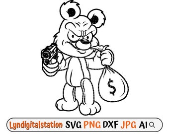 Teddy Bear Robber Svg | Gangster Teddy Clipart | Teddy with Money Bag Cut File | Bad Mafia Stencil | Hipster Teddy Tshirt Design | Dxf | Png