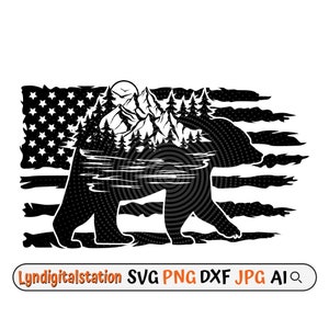 Bear Mountain Scene USA Svg | Bear Clipart | Outdoor Scene Cut File | Mountain Stencil | Hiking T-shirt Design| USCamping dxf | USA Flag PNG