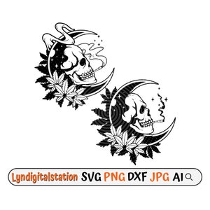 Könnte beinhalten: Schwarz-weiße Illustration mit zwei rauchenden Totenköpfen, die vor Monden und von Cannabisblättern umgeben sind. Der Text "Lyndigitalstation" und Dateityp-Abkürzungen sind enthalten.