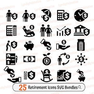 25 退職アイコン バンドル SVG | 退職クリップアート | 財務計画カット ファイル | 年金基金ステンシル | 投資 T シャツ デザイン | DXF | PNG