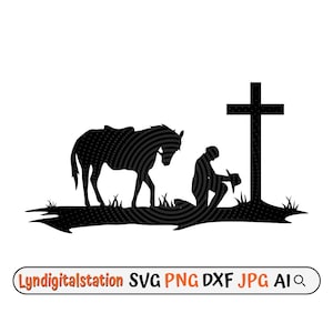 Cowboy Kneeling in the Cross Svg | Rodeo Praying Clipart | Memorial Cross Cut File | Horse Stencil | Cowboy T-shirt Design | Dxf | Png