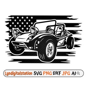 Puede incluir: Ilustración en blanco y negro de un buggy de dunas frente a una bandera estadounidense. El buggy de dunas tiene neumáticos grandes y una jaula antivuelco.