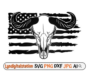 Buffalo Skull USA Svg | Cow Skull Clipart | USA Buffalo Cut File | Bullhead Stencil | Longhorn Tshirt Design |Country farm Dxf |USA Flag Png