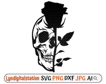 Half Skull with Rose Svg | Rose Skull Clipart | Rose Skeleton Face Cut File | Floral Skull Stencil | Floral Skull T-shirt Design | Dxf | Png