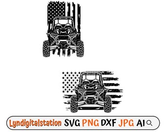 May include: Black and white silhouette of a side-by-side off-road vehicle with an American flag in the background. The flag is distressed and has a grunge effect.