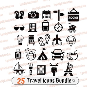 25 paquetes de iconos de viaje Svg / Clipart de destino / Archivo de corte de habitaciones / Plantilla de hotel / Diseño de camiseta de mapa / Cámara Dxf / Itinerario de viaje Png