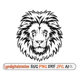 ライオン SVG | ライオンヘッド クリップアート | ライオンフェイス カット ファイル | キングライオン ステンシル | サファリ動物 T シャツ デザイン | ジャングルの王 DXF | マスコット PNG