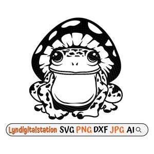 May include: Black and white illustration of a frog wearing a mushroom hat. The frog has large eyes and a wide smile. The mushroom hat has a dotted pattern.