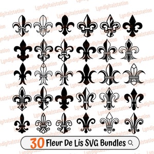 30 Paquetes Fleur De Lis Svg / Clipart de flores / Archivo de corte de decoración / Plantilla de lirio / Diseño de camiseta de flores francesas / Dxf / Png